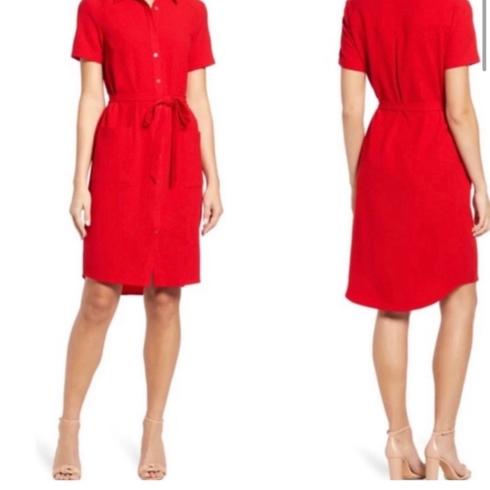 Racheal Parcell Red Short Sleeve Button Front Collared‎ Everyday Shirt Dress S